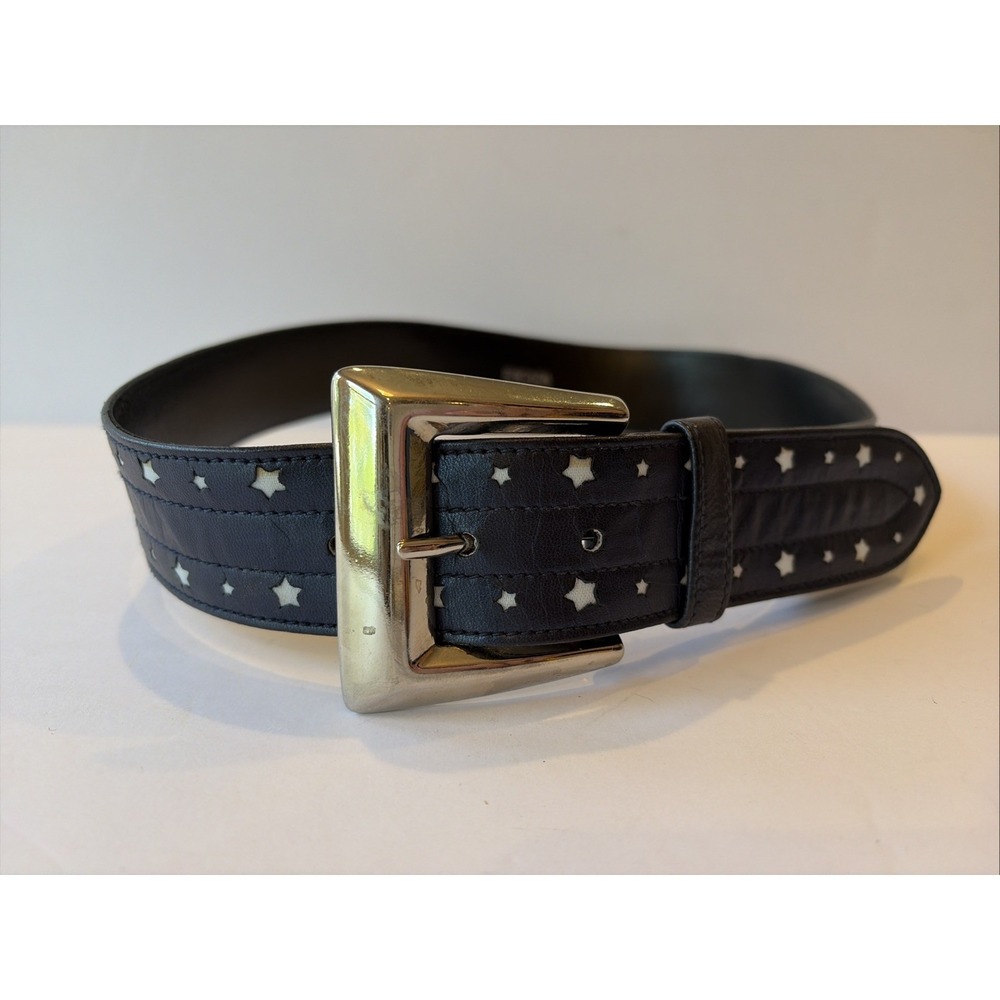 Vintage Escada Navy Leather Star Cutout Belt Size 34 Made Italy 24-26" Waist